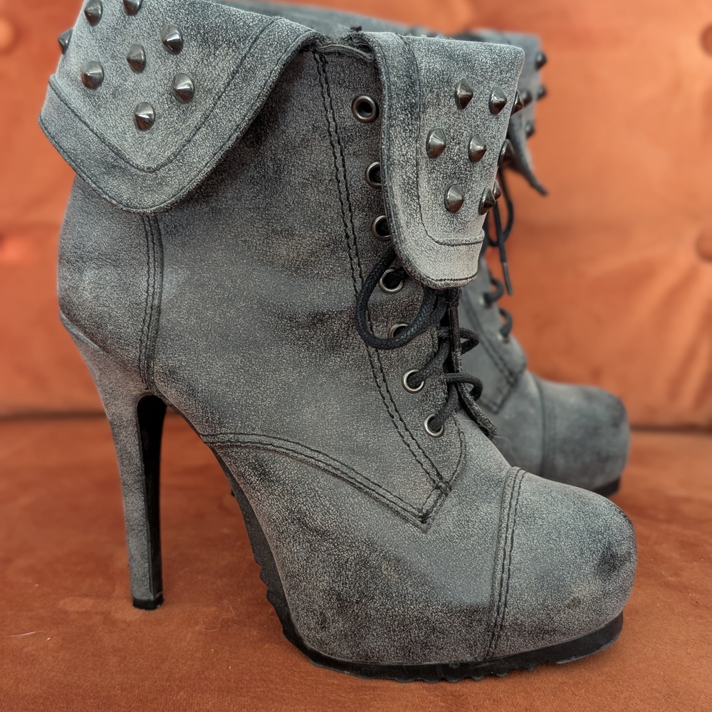 Gray Studded High Heel Ankle Boots